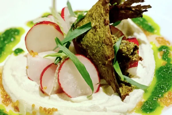 vegetarisches-gourmetgericht-radieschen Feines Radieschen-Gericht mit Kräuteröl und Creme