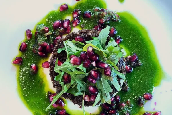 granatapfel-rucola-vorspeise Feines Gericht mit Granatapfelkernen, Rucola und grünem Kräuterdressing auf weißem Teller