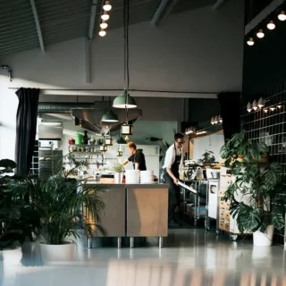 showkueche-koeche-arbeit Köche bei der Arbeit in moderner Showküche mit Pflanzen und stilvollem Ambiente