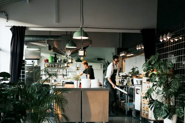 Köche bei der Arbeit in moderner Showküche mit Pflanzen und stilvollem Ambiente