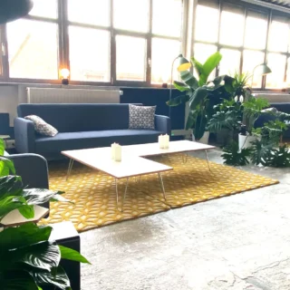 lounge-blaue-sofas-pflanzen Gemütliche Lounge mit blauem Sofa, gelbem Teppich und vielen Grünpflanzen vor großen Fenster