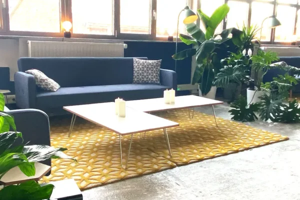 Gemütliche Lounge mit blauem Sofa, gelbem Teppich und vielen Grünpflanzen vor großen Fenster