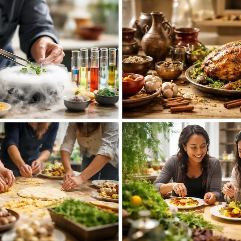 Chef using tongs with liquid nitrogen at a kitchen counter, surrounded by bowls and test tubes of colorful liquids, dramatic fog present.