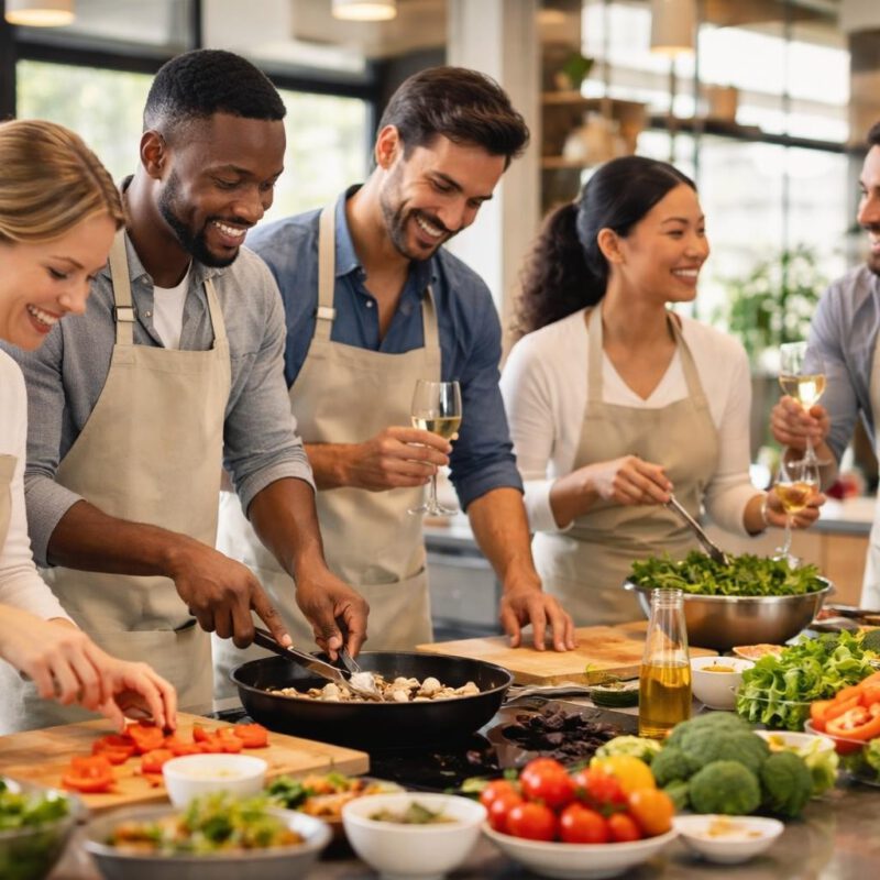 Six adults wearing aprons cook together around a bright kitchen island, chopping vegetables and smiling.