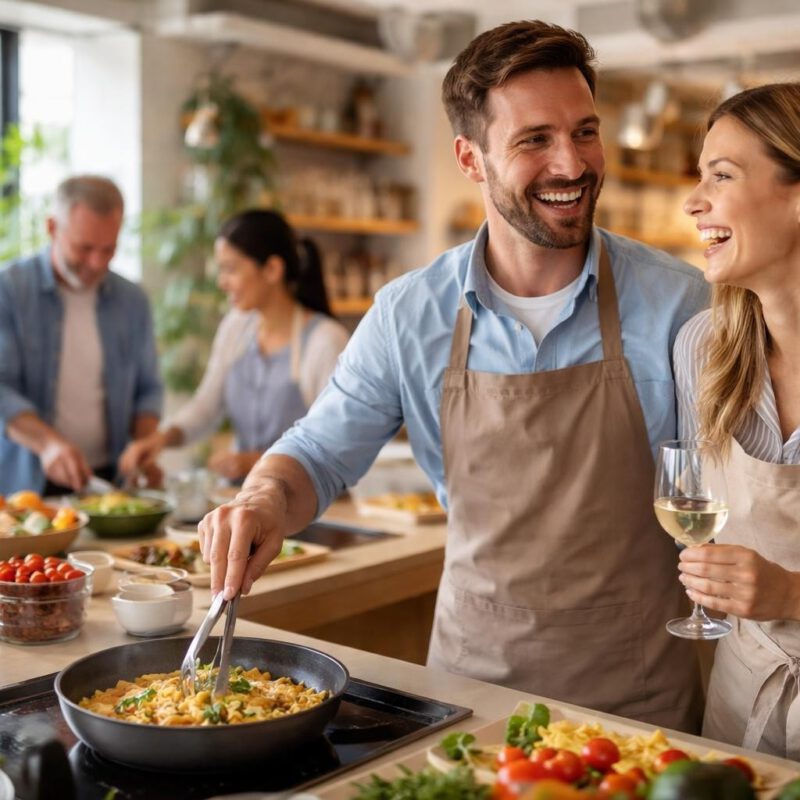A smiling man and woman in aprons cooking pasta at a shared kitchen counter while friends chat and prep food in the background.