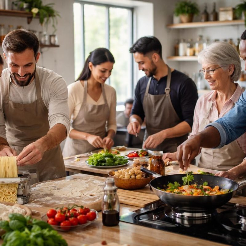 Group of people cooking in a bright kitchen, rolling pasta and chopping vegetables together.