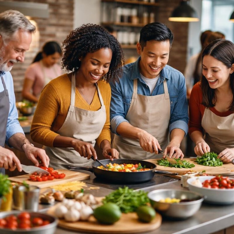 Four people wearing aprons cook together in a modern kitchen, chopping vegetables and prepping ingredients at a shared island.