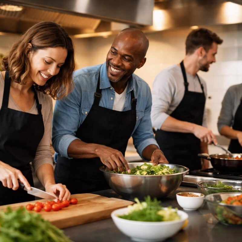 A diverse group of four people cooking together in a bright kitchen, chopping vegetables and mixing salads, smiling and teamwork evident.