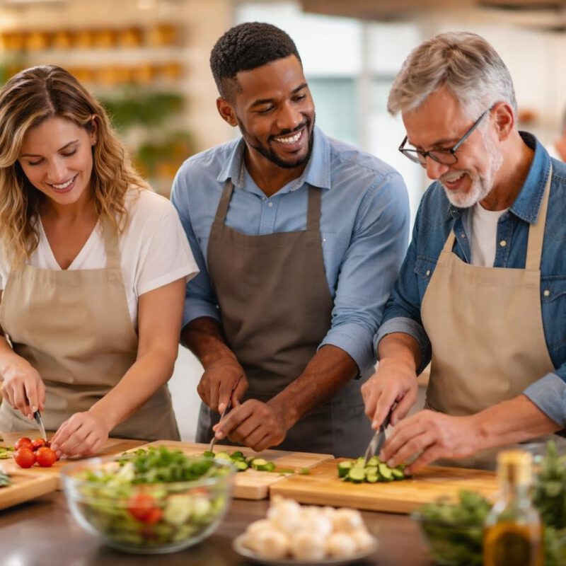 Group of adults in aprons chopping vegetables and smiling while cooking in a bright kitchen kitchen studio.