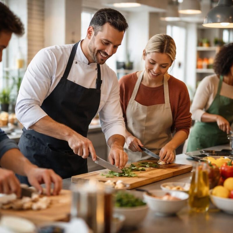 Group of adults in aprons chopping herbs on a wooden board in a bright communal kitchen.