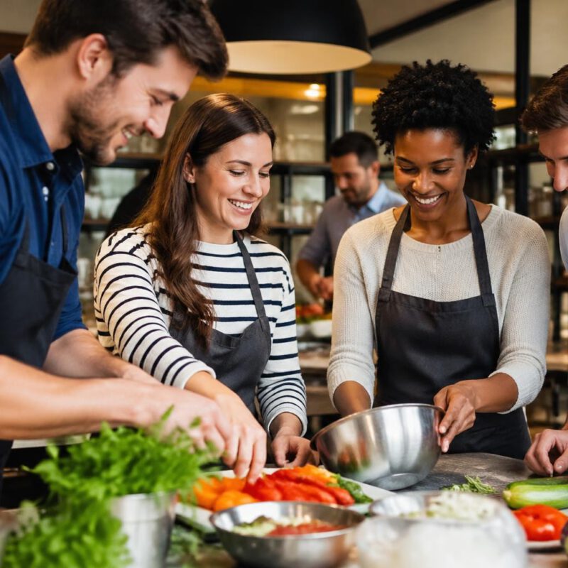 Four people wearing aprons happily prep vegetables together at a kitchen island, cutting and mixing ingredients.