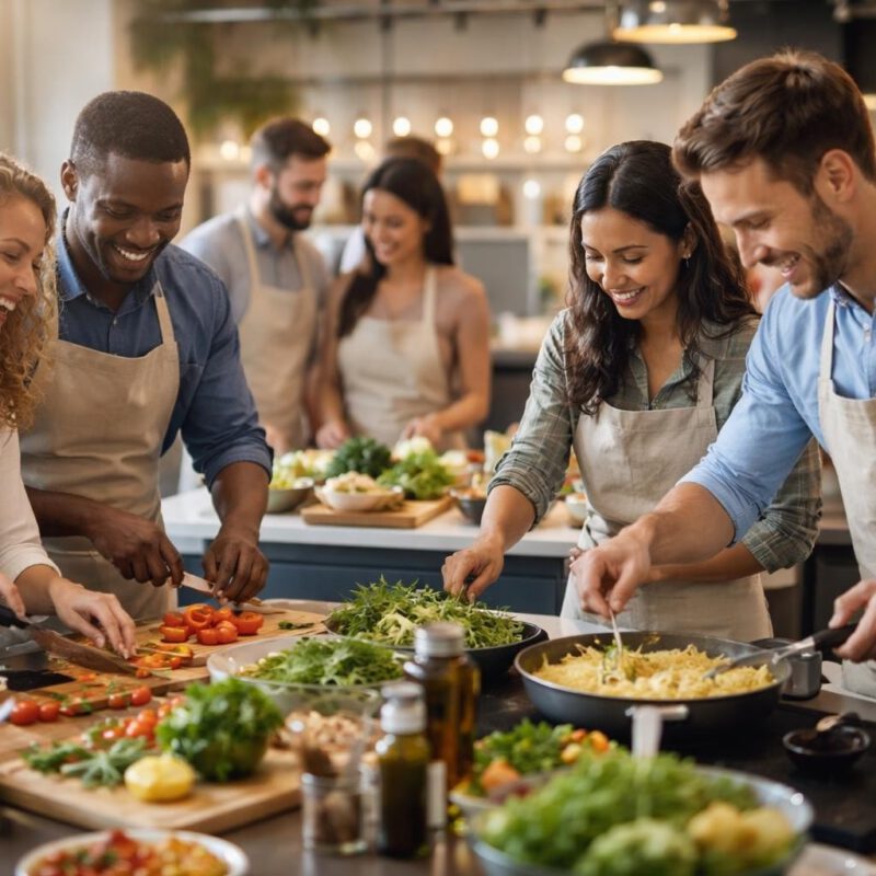 Group of diverse people in aprons cooking together at a kitchen island, chopping tomatoes and sautéing pasta with smiles.