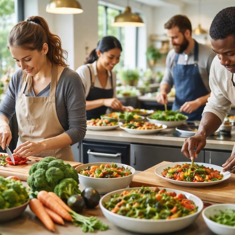 Four people in aprons prepare and plate colorful salads in a bright, plant-filled kitchen.