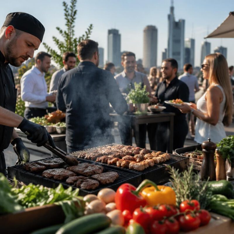 Chef grilling kebabs on a rooftop barbecue while guests mingle in the background with a city skyline and greenery around.