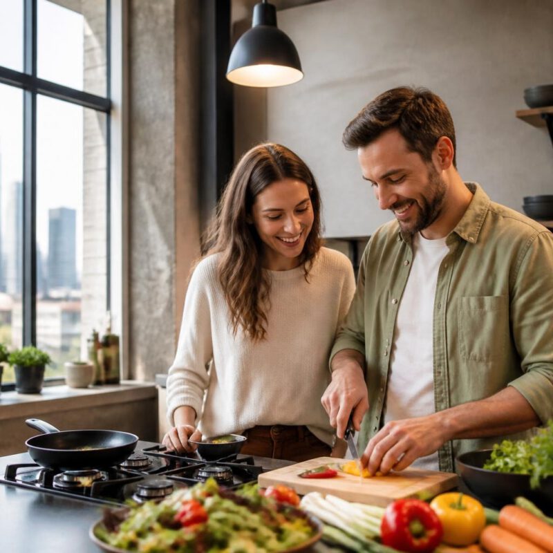 A couple cooking at a kitchen island, smiling as the man chops vegetables on a cutting board.