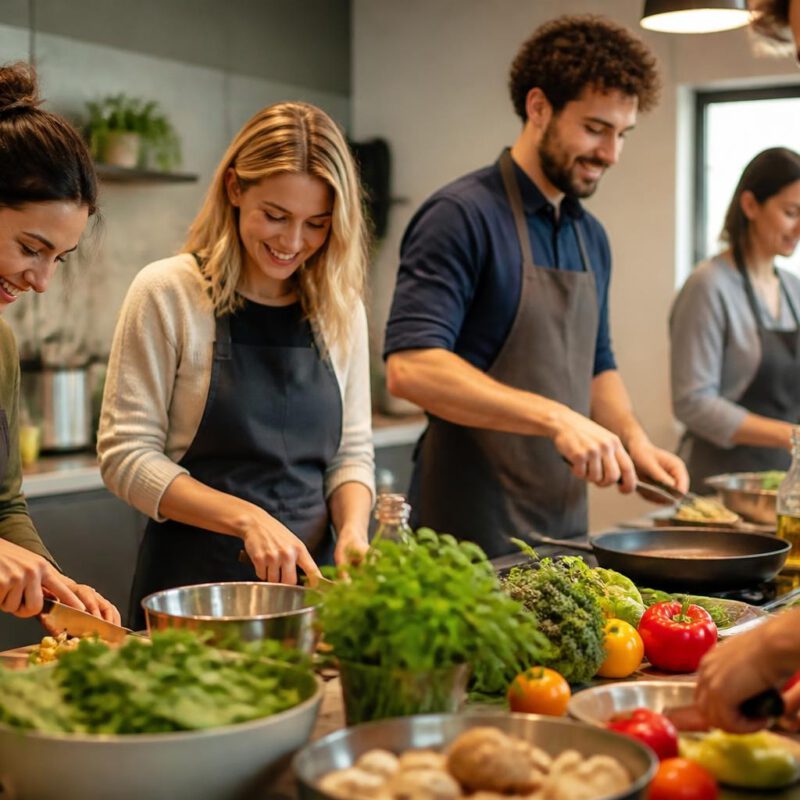 Four people wearing aprons cooking together in a modern kitchen, chopping vegetables at a shared counter with fresh produce nearby formation in the scene.