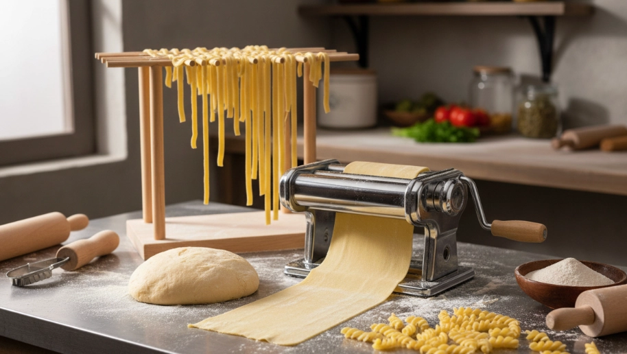 Bildschirmfoto 2026-10-01 um 10 - KETAO | FRISCH. LECKER. ANDERS. Pasta-making scene: dough, a metal pasta machine extruding long noodles, and a drying rack with fresh pasta strands air-drying.
