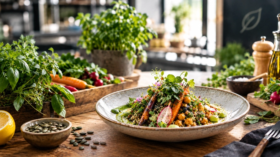 Levante-Küche Plant-based Kochkurs mit Hummus Falafel - KETAO | FRISCH. LECKER. ANDERS. Colorful veggie grain salad plated on a rustic ceramic dish, garnished with herbs and radish, on a wooden table. In the background, fresh herbs are displayed.
