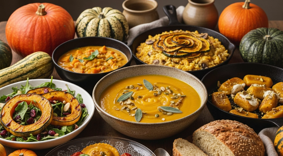 Bildschirmfoto 2026-10-01 um 10 - KETAO | FRISCH. LECKER. ANDERS. Autumn harvest feast with pumpkin soup, roasted squash, salad, bread and gourds on a wooden table.