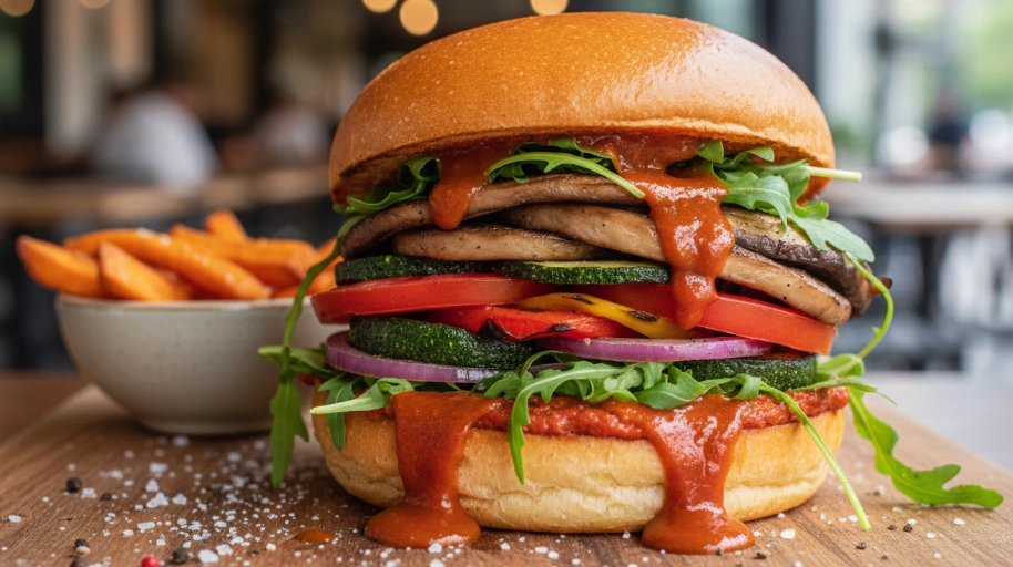 Juicy multi-layer veggie burger with lettuce, tomato, onions, zucchini and sauce, served with fries.