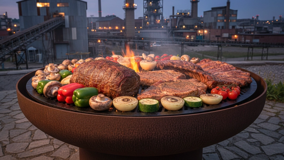 Bildschirmfoto 2026-10-01 um 10 - KETAO | FRISCH. LECKER. ANDERS. Large outdoor grill with steaks and vegetables cooking over an open flame against an industrial backdrop of factories and lights.