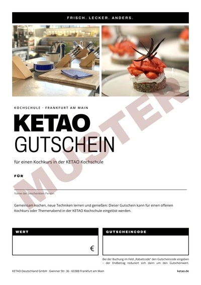 KETAO_Gutschein_Kochkurs_MUSTER_400px - KETAO | FRISCH. LECKER. ANDERS. KETAO cooking school gift voucher: collage of a kitchen workspace and a plated dish, with bold 'KETAO GUTSCHEIN' text and value/code fields.